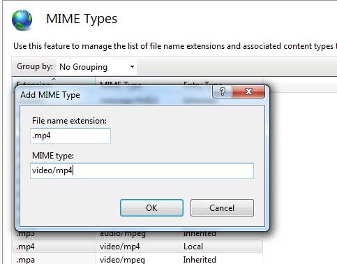 Adding mime type mp4 in IIS7