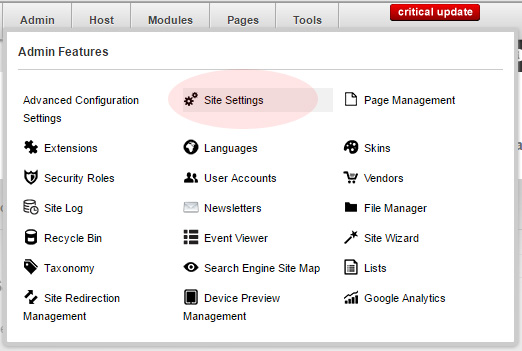 site settings menu in dnn